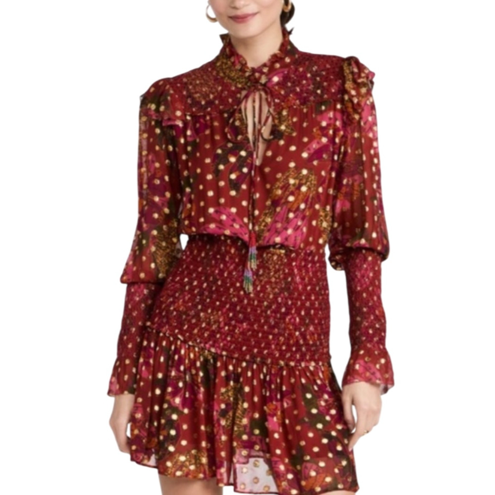 Farm Rio Red Banana Flowers Smocked Long Sleeve Mock Neck Mini Dress Size Small